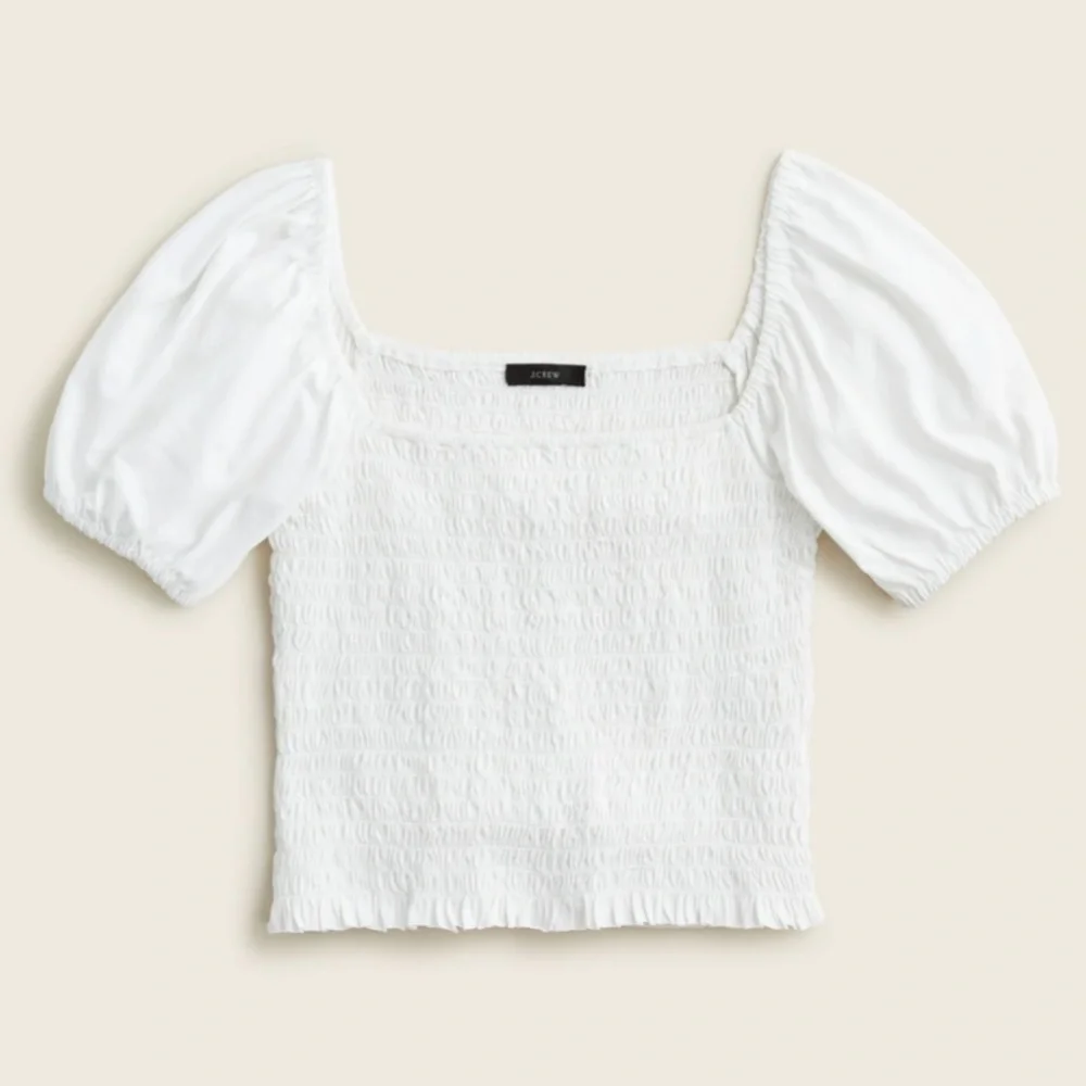 NWT J. Crew Top Smocked Broken In Jersey Crop in White AY449